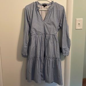 Jcrew pinstripe dress blue and white long sleeve pockets XS